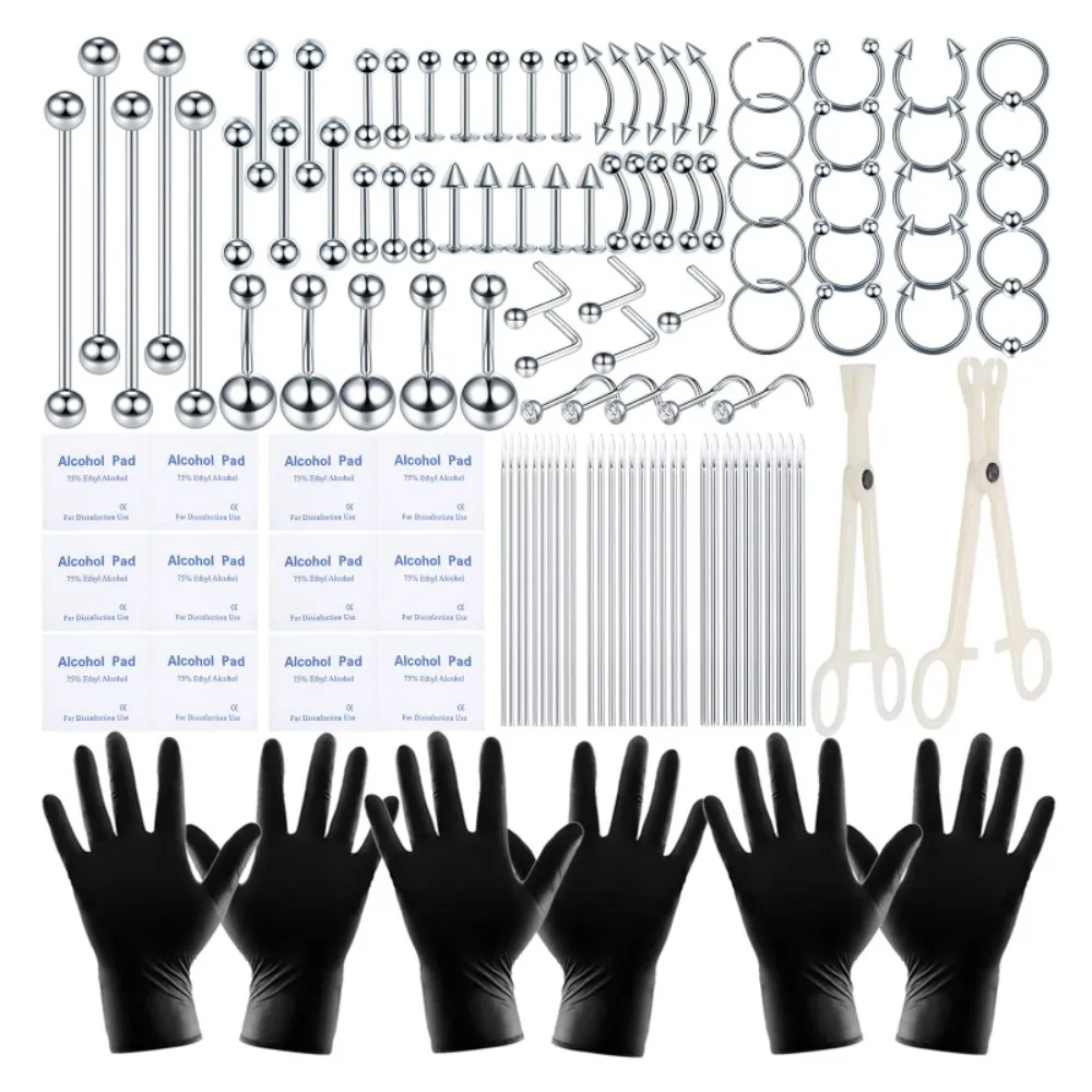 120PCS Body Piercing Kit Surgical Steel Labret Lip Rings Nose Septum Studs Belly Button Rings Jewelry Needles Gloves Clamps Tool