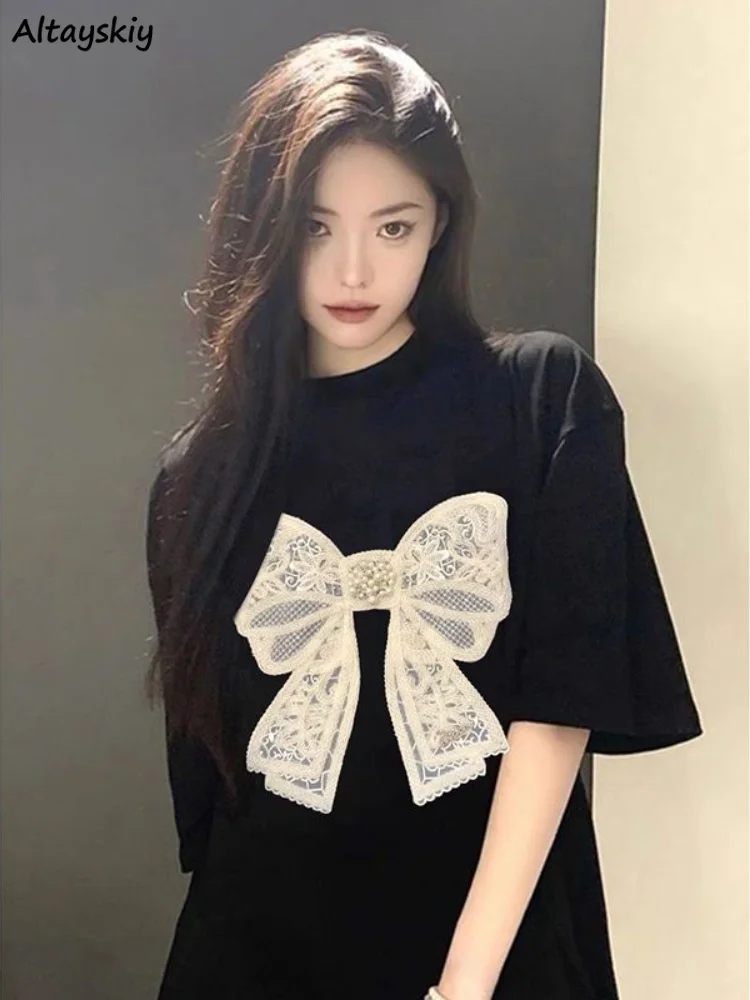 

Short Sleeve T-shirts Women Bow All-match Summer Couples Tender Personality Design Casual Tops Korean Style Ulzzang Classic New