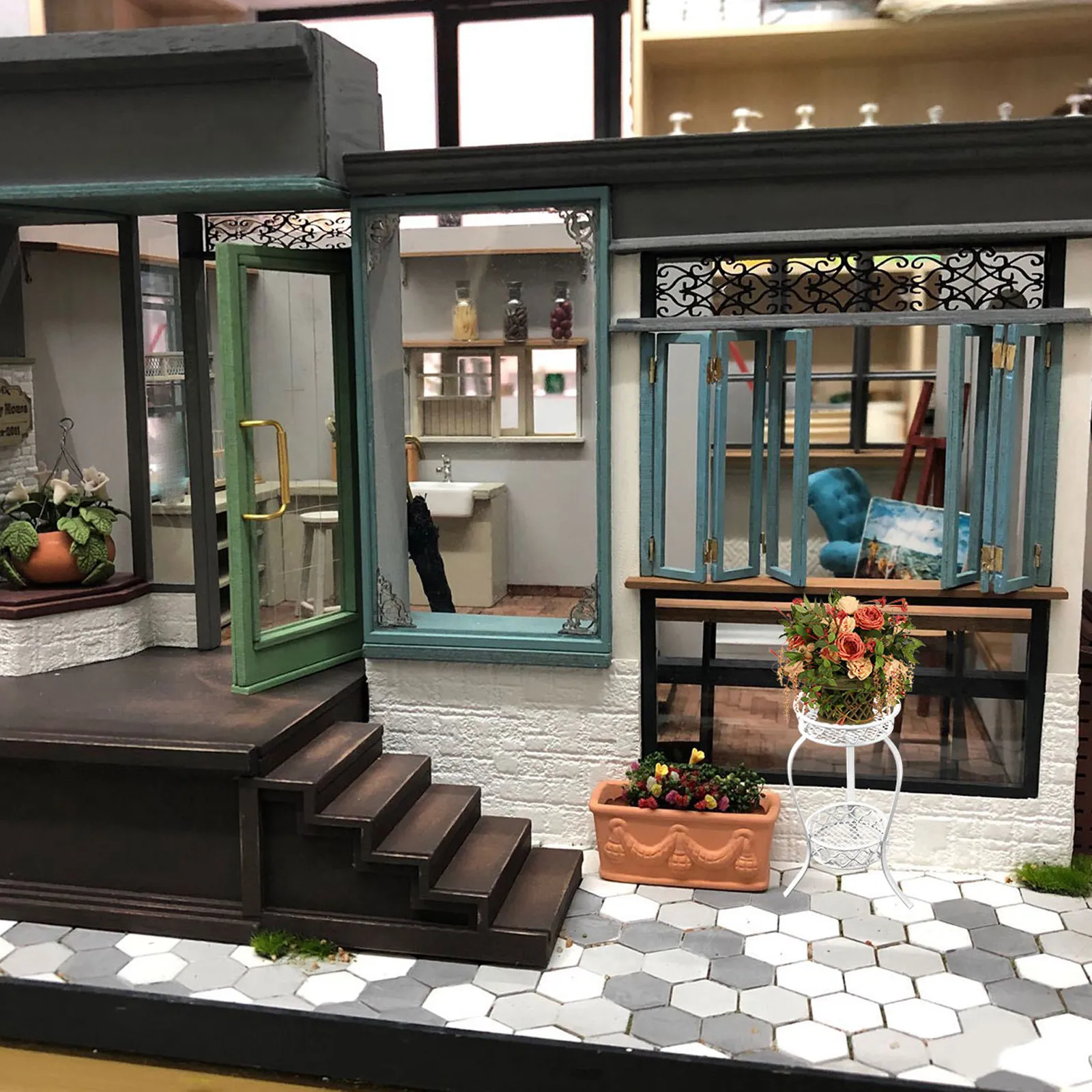 

1 шт. миниатюрная мебель для кукольного домика, аксессуар для миниатюрной сцены, двойная подставка для цветочных горшков, реалистичная маленькая полка для хранения в домике