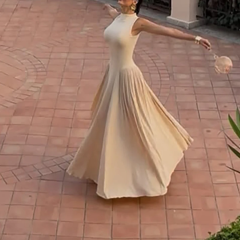 Dame elegante uitgeholde galajurk temperament o-hals mouwloze geplooide avondjurk sexy slanke effen kleur grote zoom lange jurk