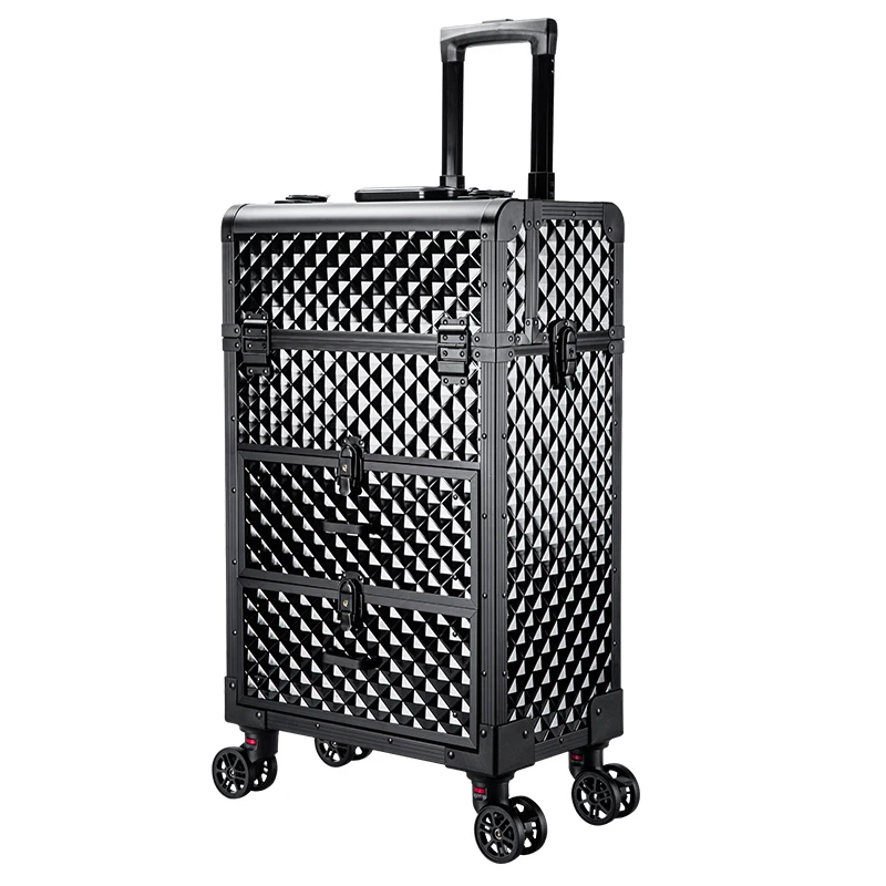 New large aluminum trolley makeup box professional cosmetic luggage case nail embroidery suitcase multi-layer storage tool bag