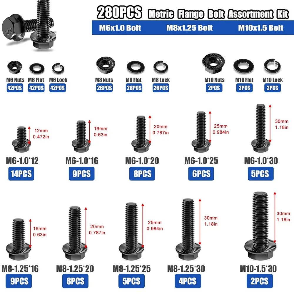 3160Pcs Metric Bolt Nut Washer Assortment Kit Grade 12.9/10.9 Black M2 M3 M4 M5 M6 M8 M10 Hex Socket Flange Screw with Double La
