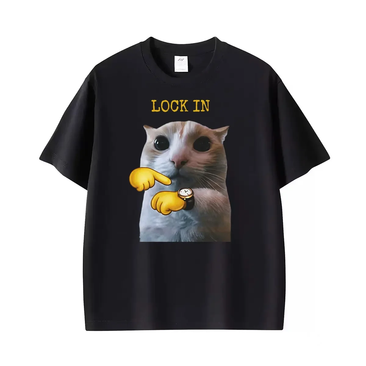 Lock in Cat Funny Cute Pointing At Wrist Watch Meme Graphic T ShirWomen Vintage Casual T-shirt n Short Sleeve TShirt