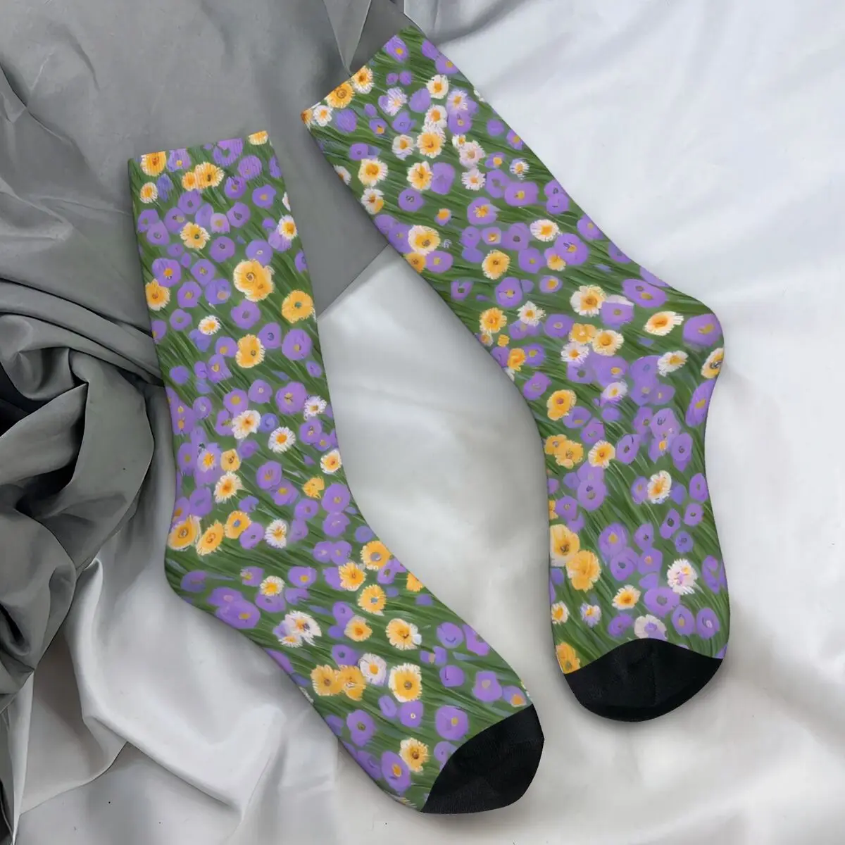 Floral Ditsy Socks Yellow And Purple Vintage Stockings Winter Anti Slip Girls Socks High Quality Design Cycling Socks