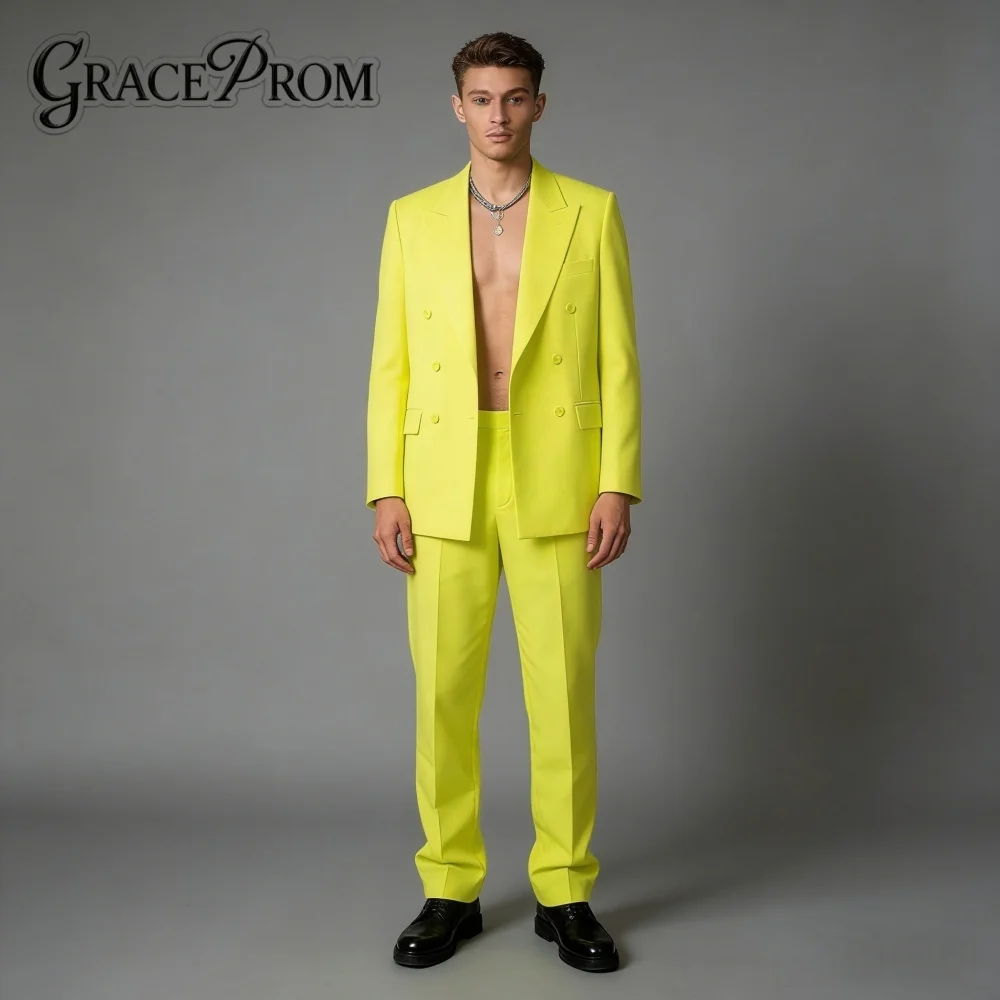 

Elegant Bright Neon Yellow Peak Lapel Men’s 2PCS Suit Luxury Double Breasted Formal Wedding Groom Wear Includes Jacket Pants