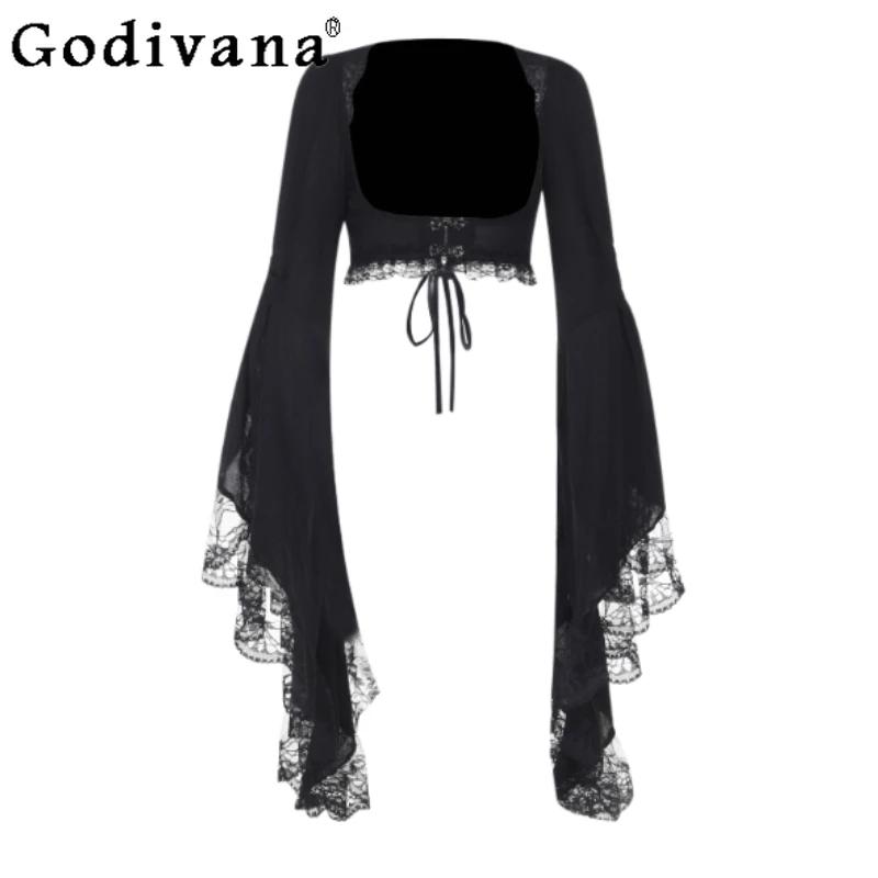 

Halloween New Elegant Lace Lace-up Short Coat Personalized Street Female Goth Long Flare Sleeve Black Fashion Versatile Blouse