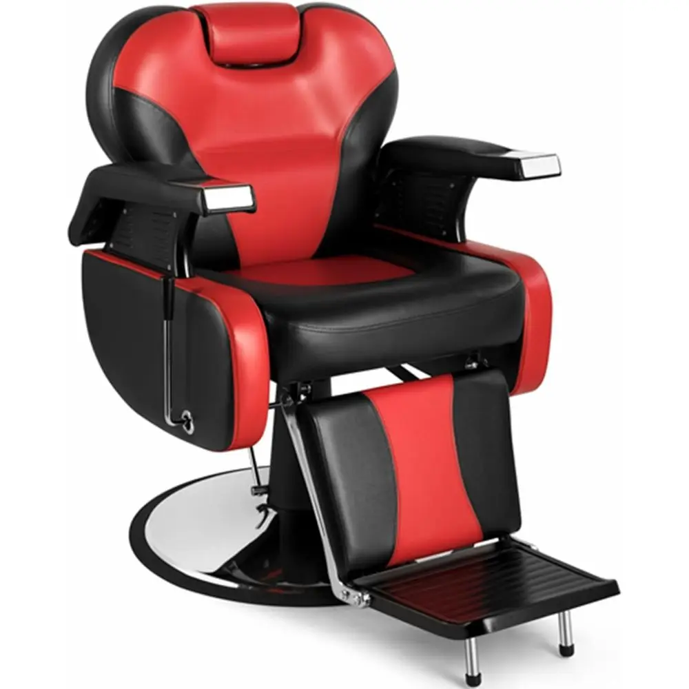 

Ergonomic Reclining Barber Chair, Adjustable Salon Styling Seat with Armrests and Footrest, Red/Black