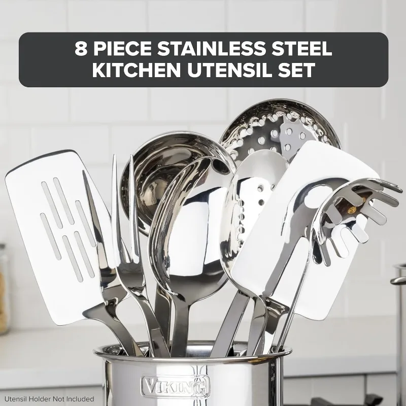

Kitchen Utensils Set, 8 Piece Stainless Steel Cooking Utensil Set, Includes Spatulas, Spoons, Pasta Fork, Deep Ladle, Mea