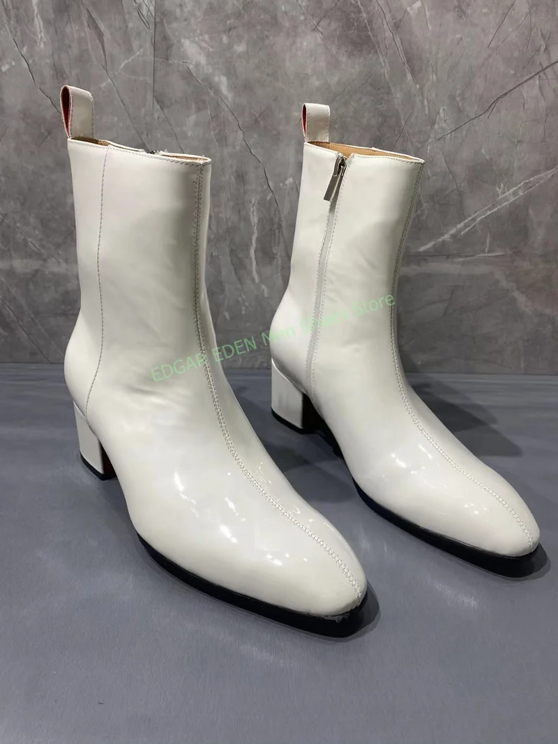 Classic Men White Leather Slip On Ankle Boots Pointed Toe Male Square High Heel Party Wedding Casual High Top Boots Shoes