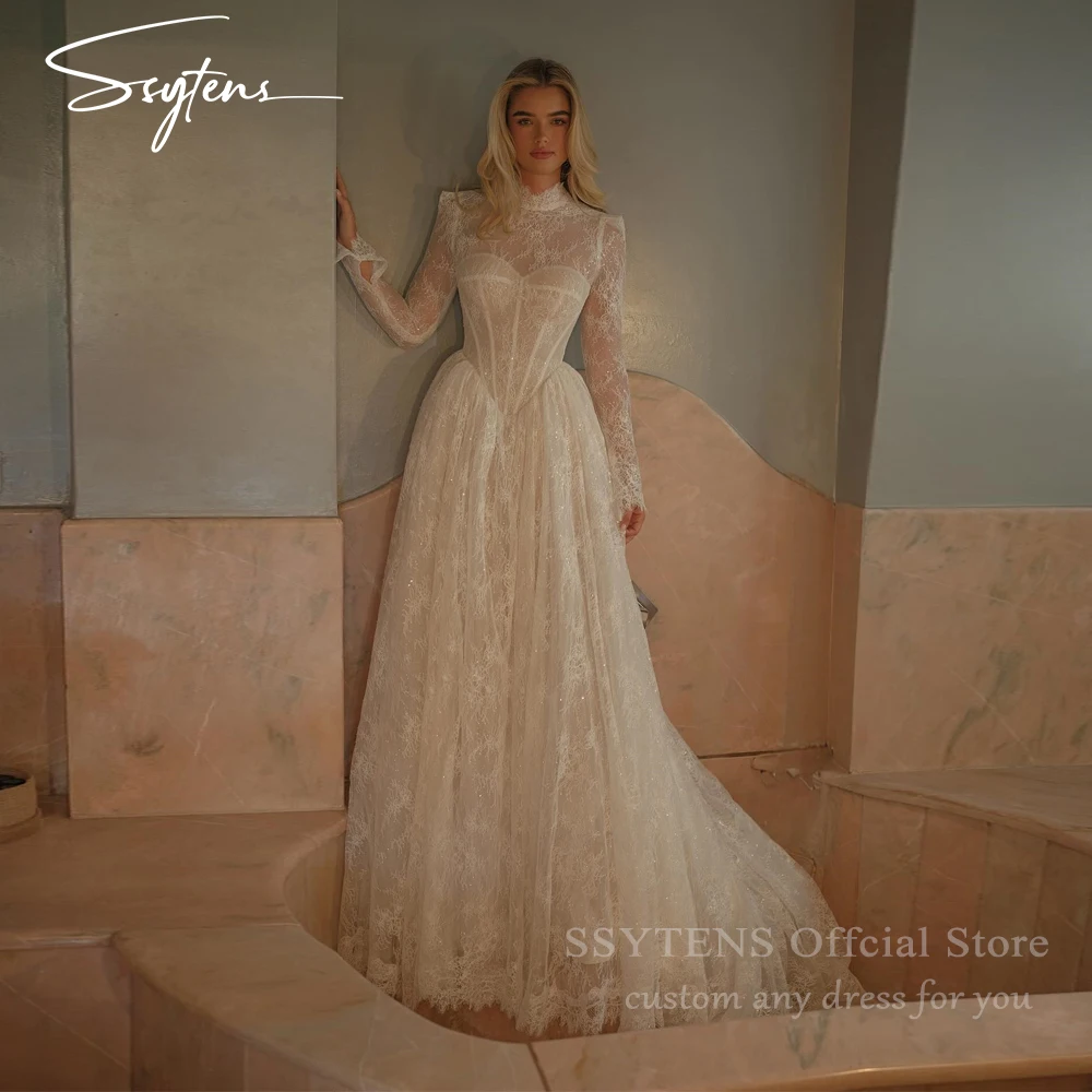 

SSYTENS Ivory Lace Wedding Dresses Luxury Bride Dress High Neck Long Sleeves Bridal Gowns Customized Sexy Girls Wedding Vestidos