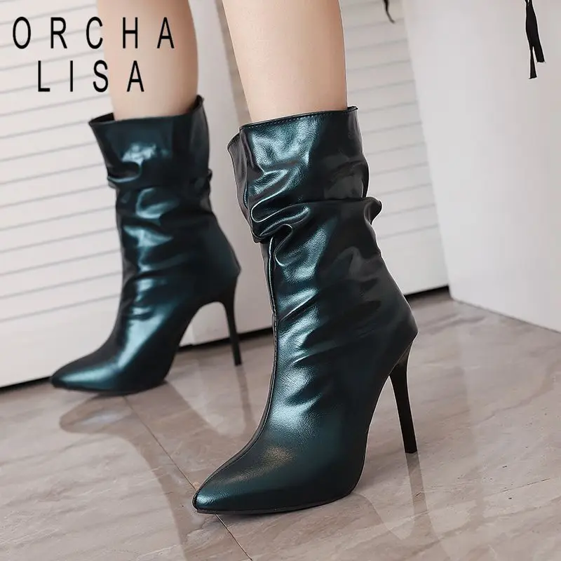 ORCHA LISA مثير النساء حذاء من الجلد الانزلاق على مطوي حجم كبير 47 48 موضة الحفلات سيدة الجوارب أشار تو رقيقة عالية الكعب 10 سنتيمتر