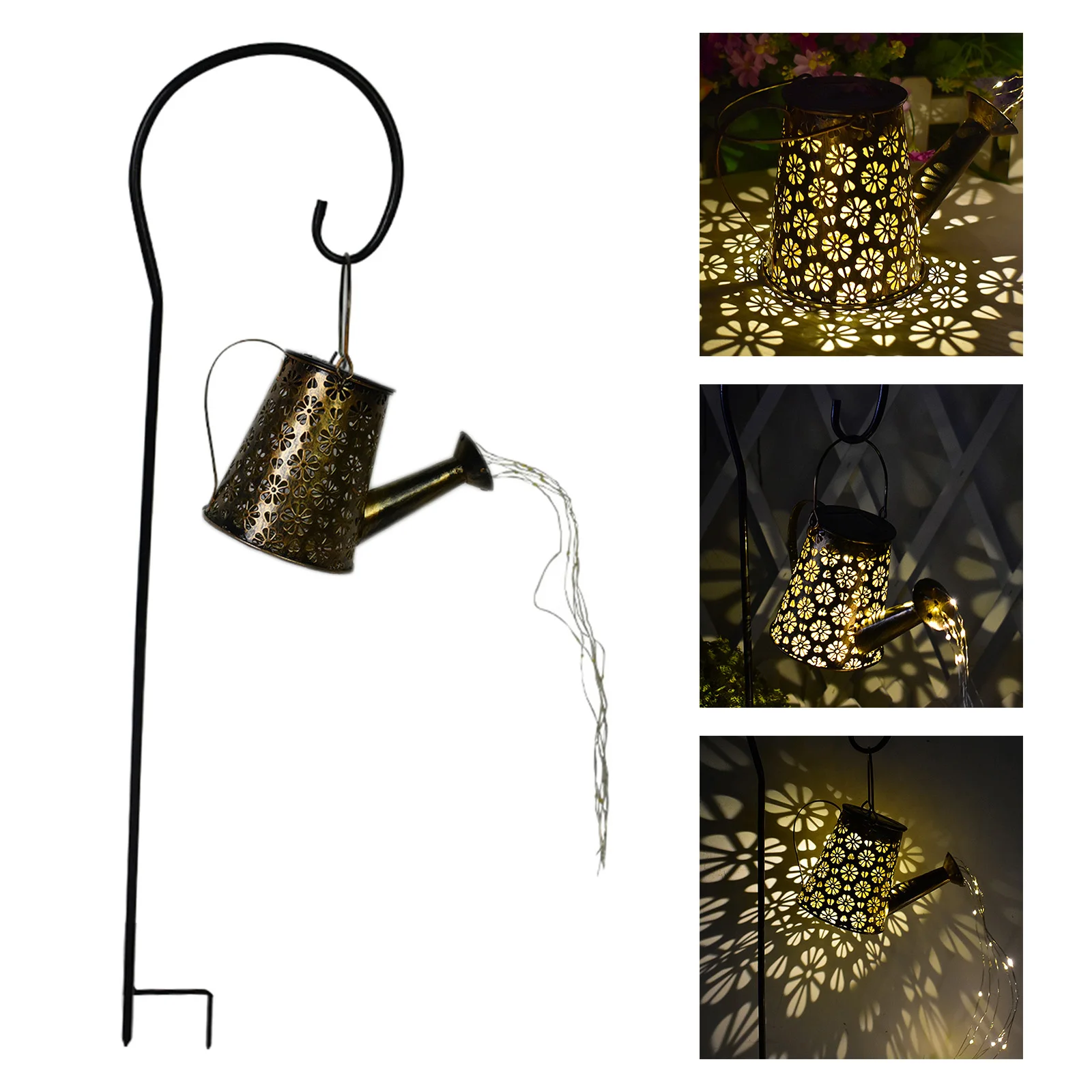 with Hollow Pattern Design Fairy String Lamp, Solar Watering Can Lights Outdoor