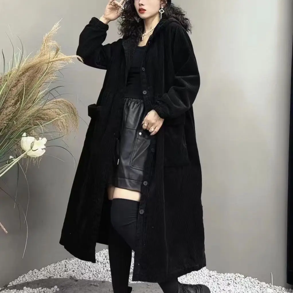2026 Autumn and Winter Thick Coat Fashion Large Brown Windbreaker Big Pocket Women\'s Loose Versatile Corduroy Hooded Coat 6XL