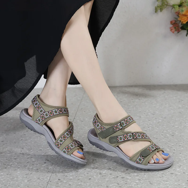 Women\'s Sandals Summer 2024 Casual PU Non-Slip Soft Print Bohemia Beach Hollow Out Open Toe Roman Shoes Woman Flat Heels Ladies