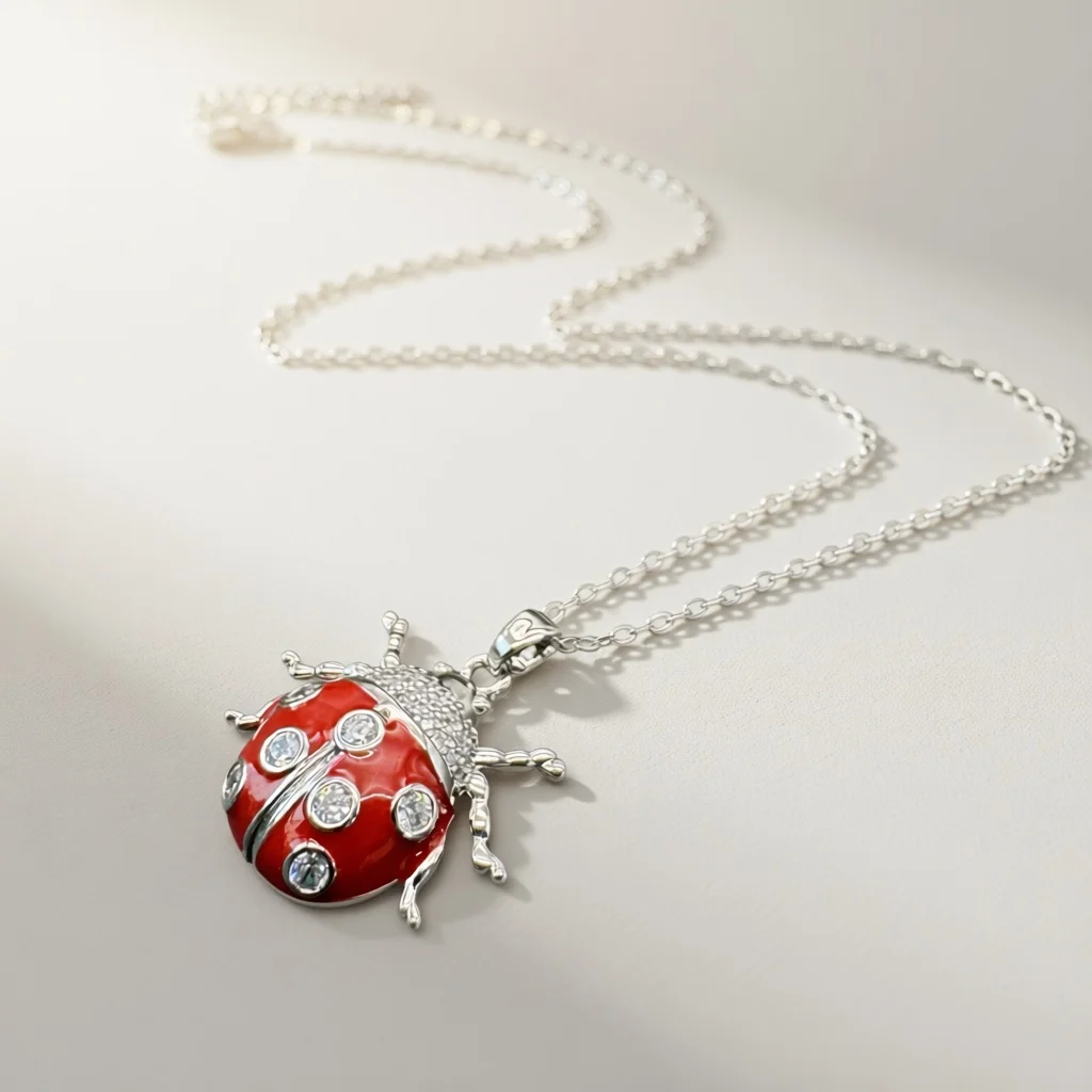 Sparkling Ladybug Necklace – Red Enamel & CZ Stones, Perfect for Birthday or Daily Wear!