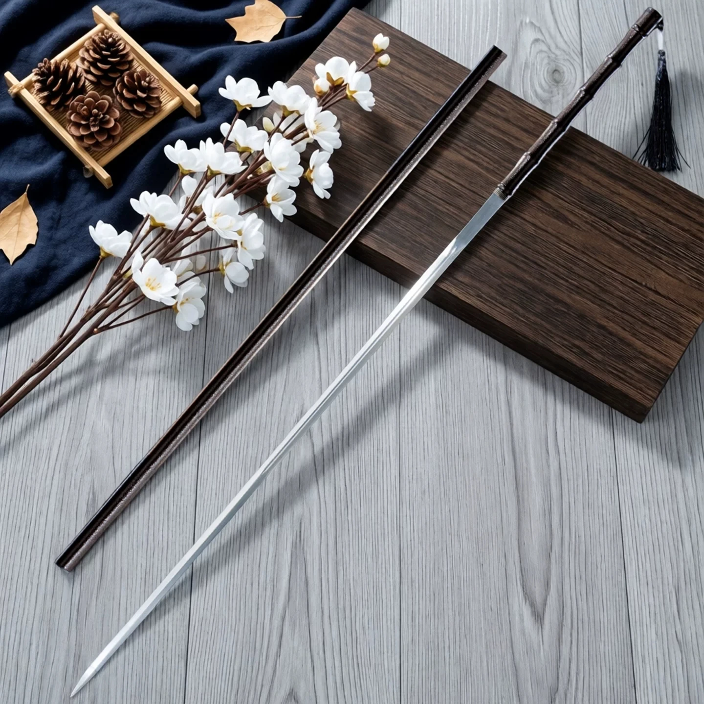 Dark‑Ink Reversible Slim Chinese Sword 101cm Total Length Decorative Collectible Art Ornament Black Textured Handle Free Stand