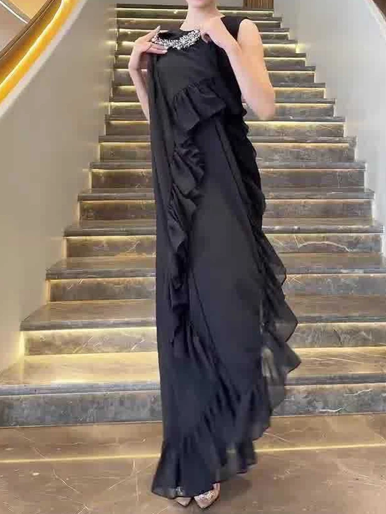 

Women's Elegant Sleeveless Long Sleeve & Cape Party Suit Sexy Split Ruffled 2Pc Set Bright Diamond O-neck Solid Evening Outfits