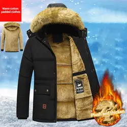 Thickened Plush Men Winter Coat Plush Solid Color Hooded Men Padded Cotton Coat Outdoor Wool Liner Hooded Jacket Snow Parkas