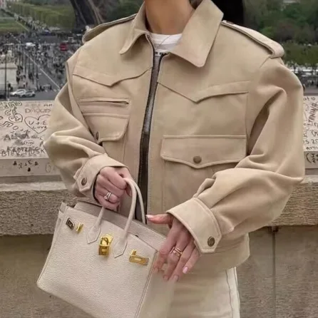 

Autumn Women Soft Faux Suede Short Jacket Casual Long Sleeve Jacket Zipper Casual Autumn Outerwear 2025 Coat