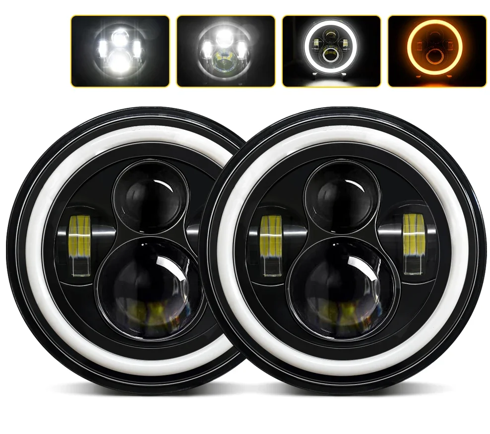 

7 Inch LED Headlight 60W H4 Hi-Lo with Halo Angel Eyes for Lada 4x4 City Niva Jeep JK Land Rover Defender Hummer