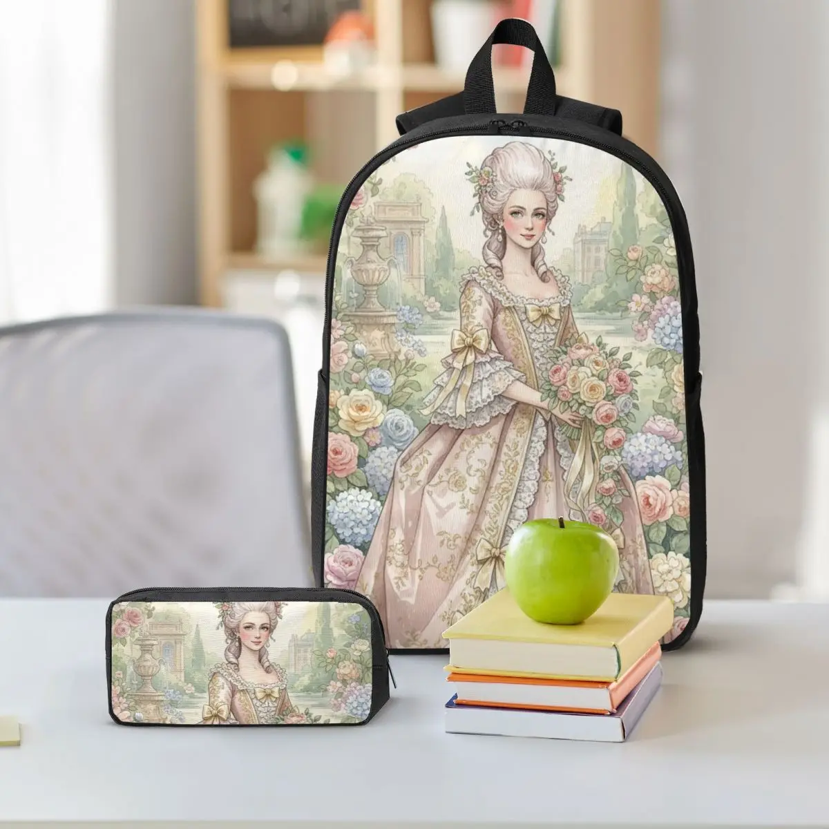 European Vintage Rococo Rose Maiden Backpack Student BookBag School Bag Shoulder Bags 3ps Insulated Lunch Bag Pencil Case