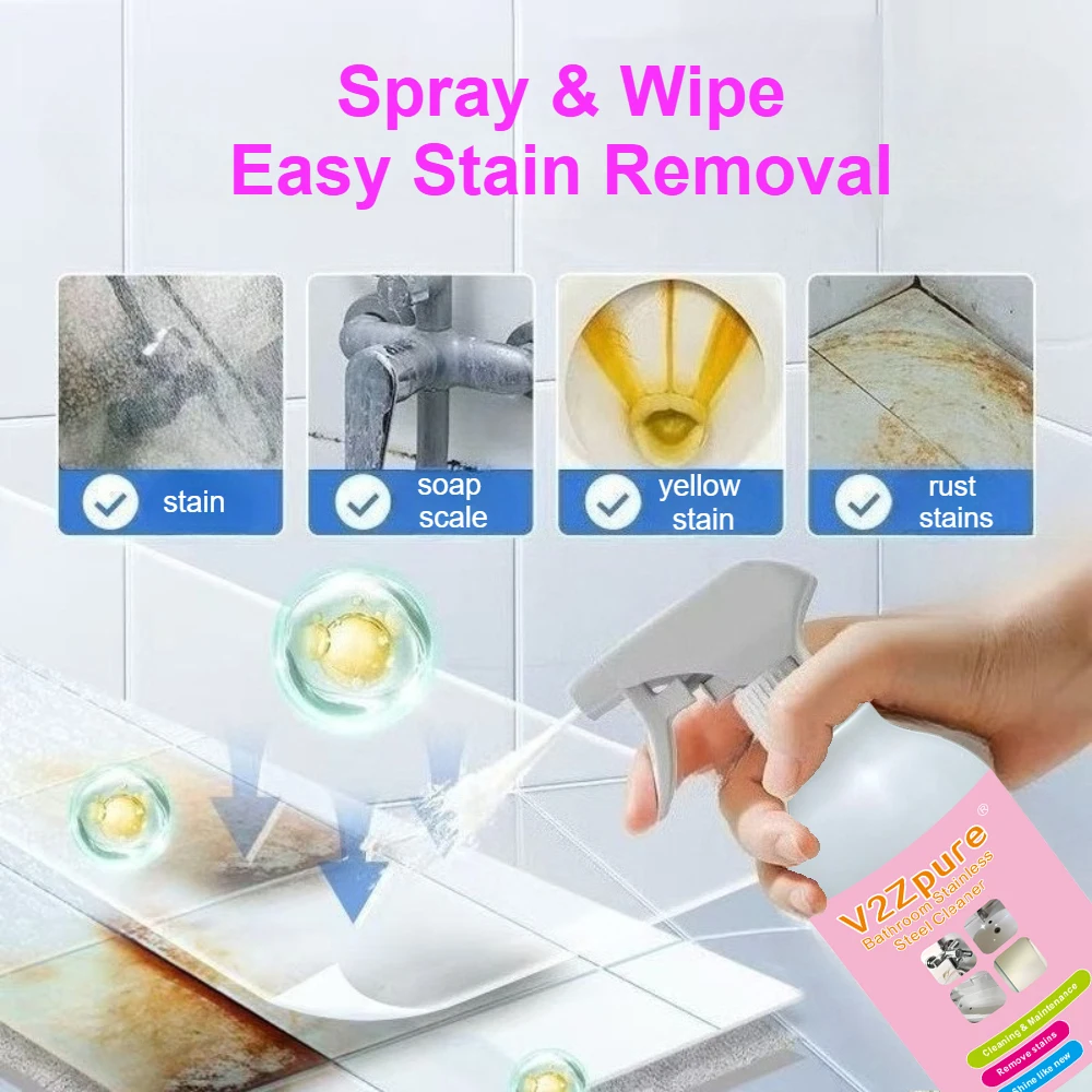 Bathroom Descaling Spray Stainless Steel Cleaner Metal Polish Remove Water Spot Stain Shower Rust Removal Bathtubs Dirt Cleaning