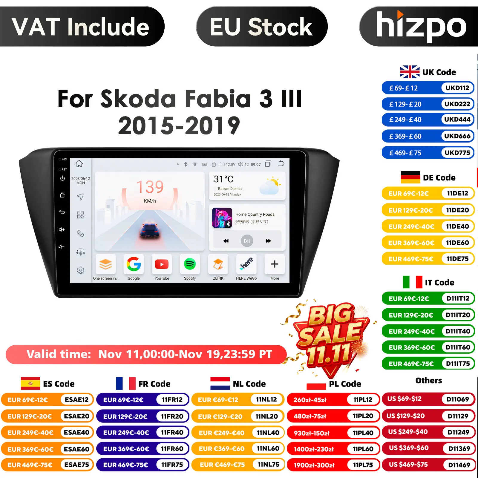 Carplay 4G 9" Car Radio Android for Skoda Fabia 3 III 2015 2016 2017 2018 2019 Multimedia Player Navigation GPS 2 Din Stereo DSP