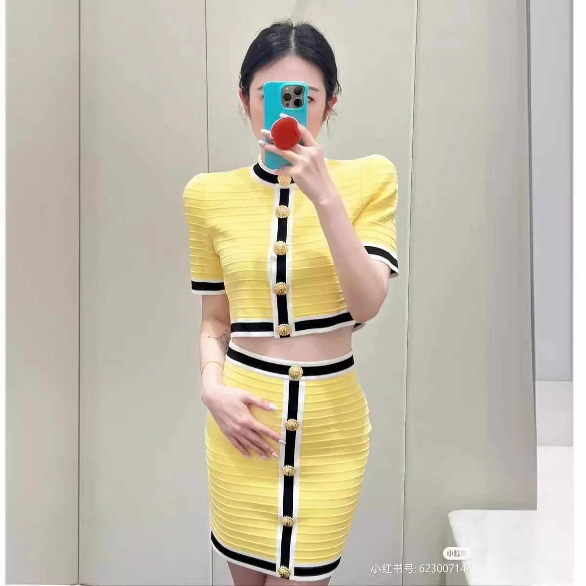 

Luxury Brand Women Short Knit Skirt Top T-shirt Set 2024 Spring Summer Slim Cardigan Tee High Waist Dress Raised Stripe Clothing