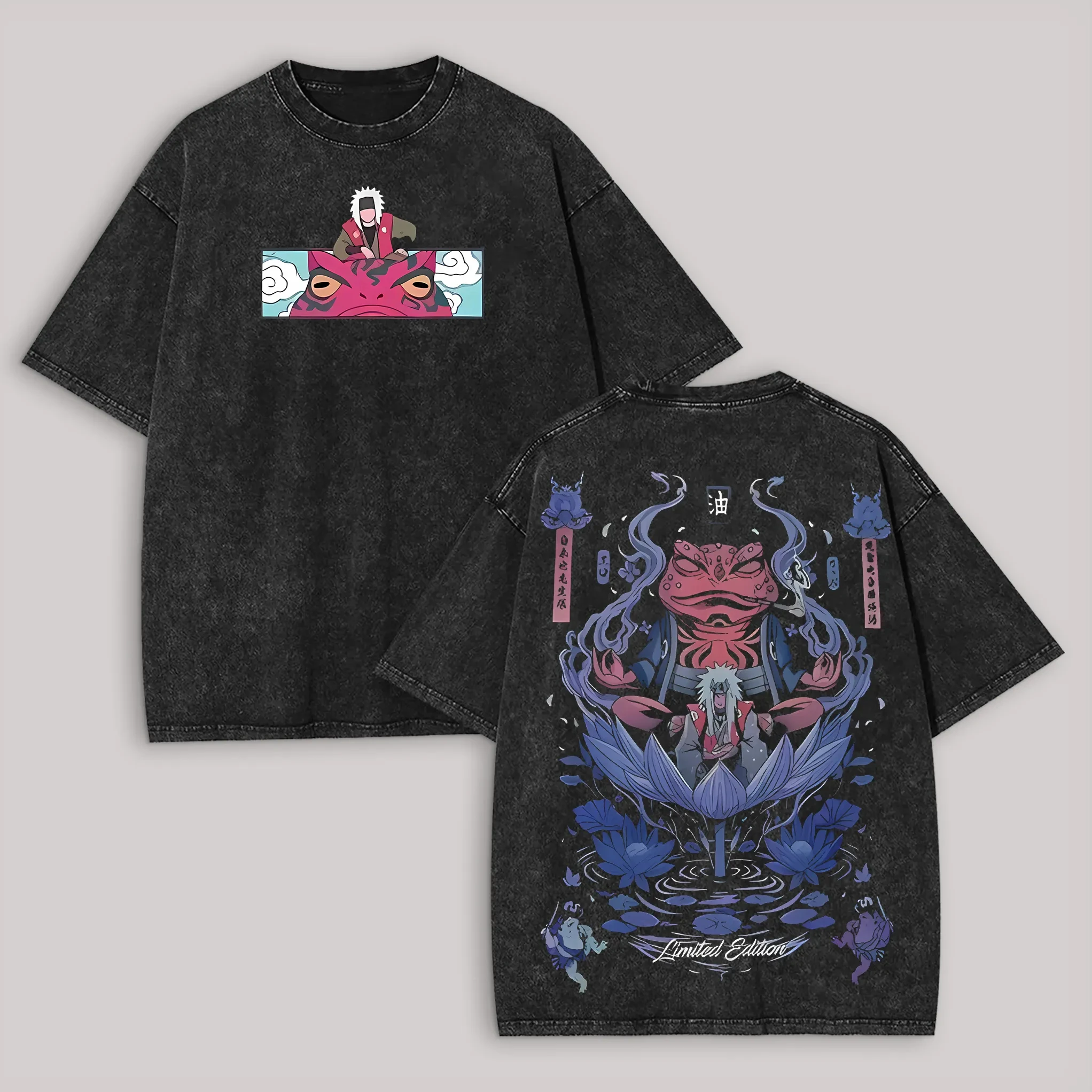 Jiraiya T-Shirt Naruto Herren Acid Wash Rückendruck Toad Sage Anime Grafik Baumwolle Streetwear Manga Gamabunta Vintage Bootleg Tee
