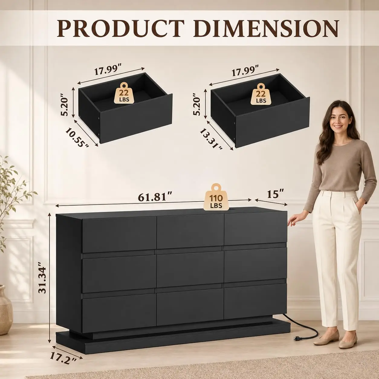 9 Drawer Dresser with LED Light, Dresser with Charging Station