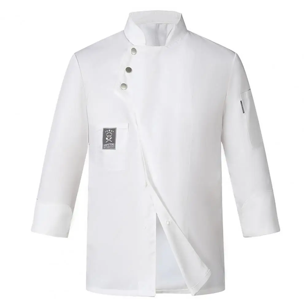 Uomo donna Chef top uniformi da cuoco impermeabili Anti-sporco per uomo donna tinta unita colletto alla coreana monopetto per ristorante