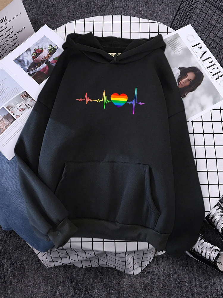 

Hoody Beating Heart Rainbow Printed Women's 2022 Hoodie With Hood Long Sleeve Hip Hop Clothes Korean Aesthetic Sweatshirts Women