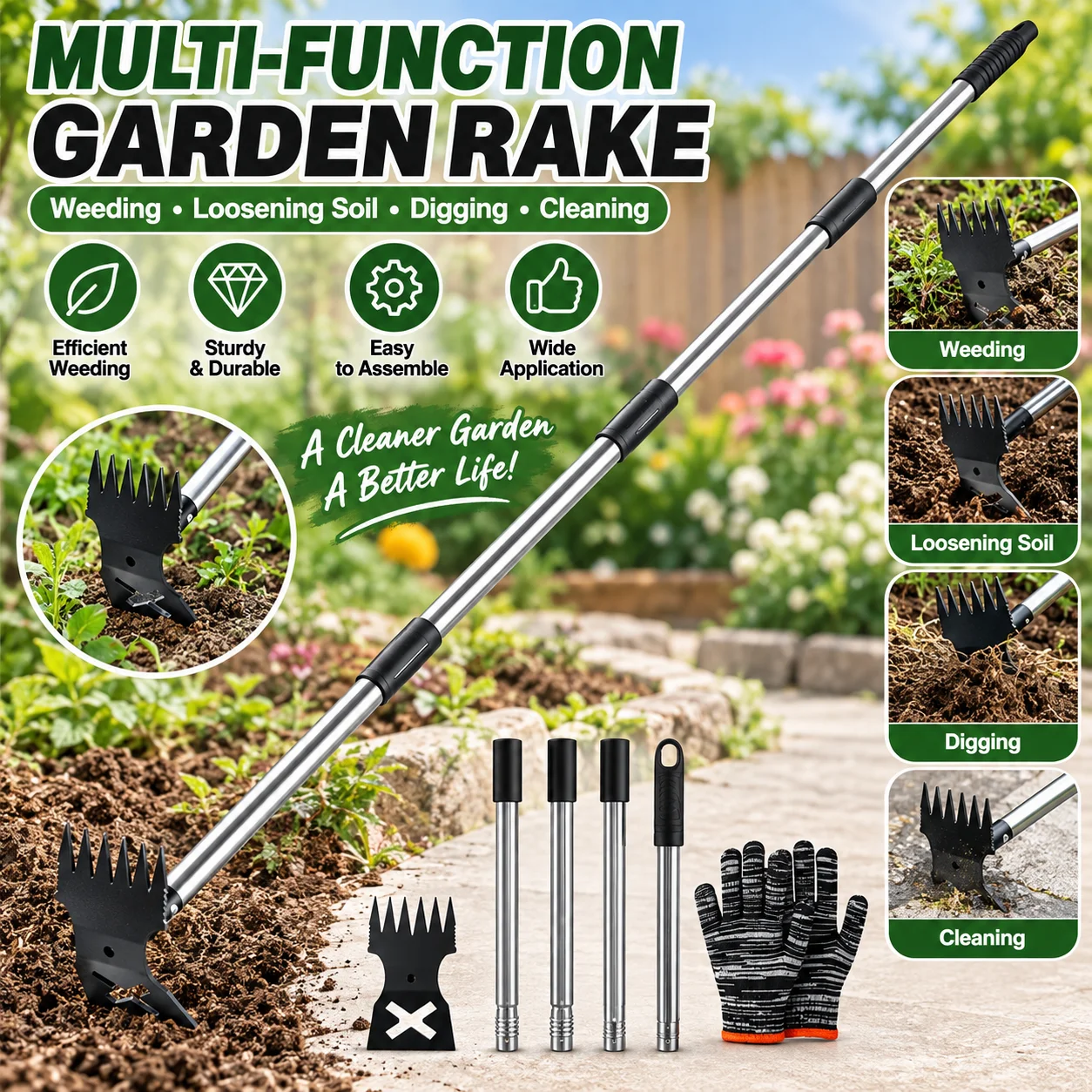 Dual Purpose Garden Hoe and Rake Heavy Duty Sharpened Weeding Cultivator Tool for Yard Lawn Soil Tilling Gardening
