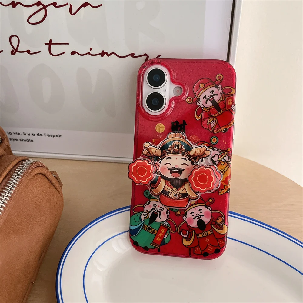 God of wealth Grandpa New Year Red Phone Bracket Case For iPhone 16 15 14 11 13 12 Pro Max Plus Cover Case Fashion Holiday Gifts