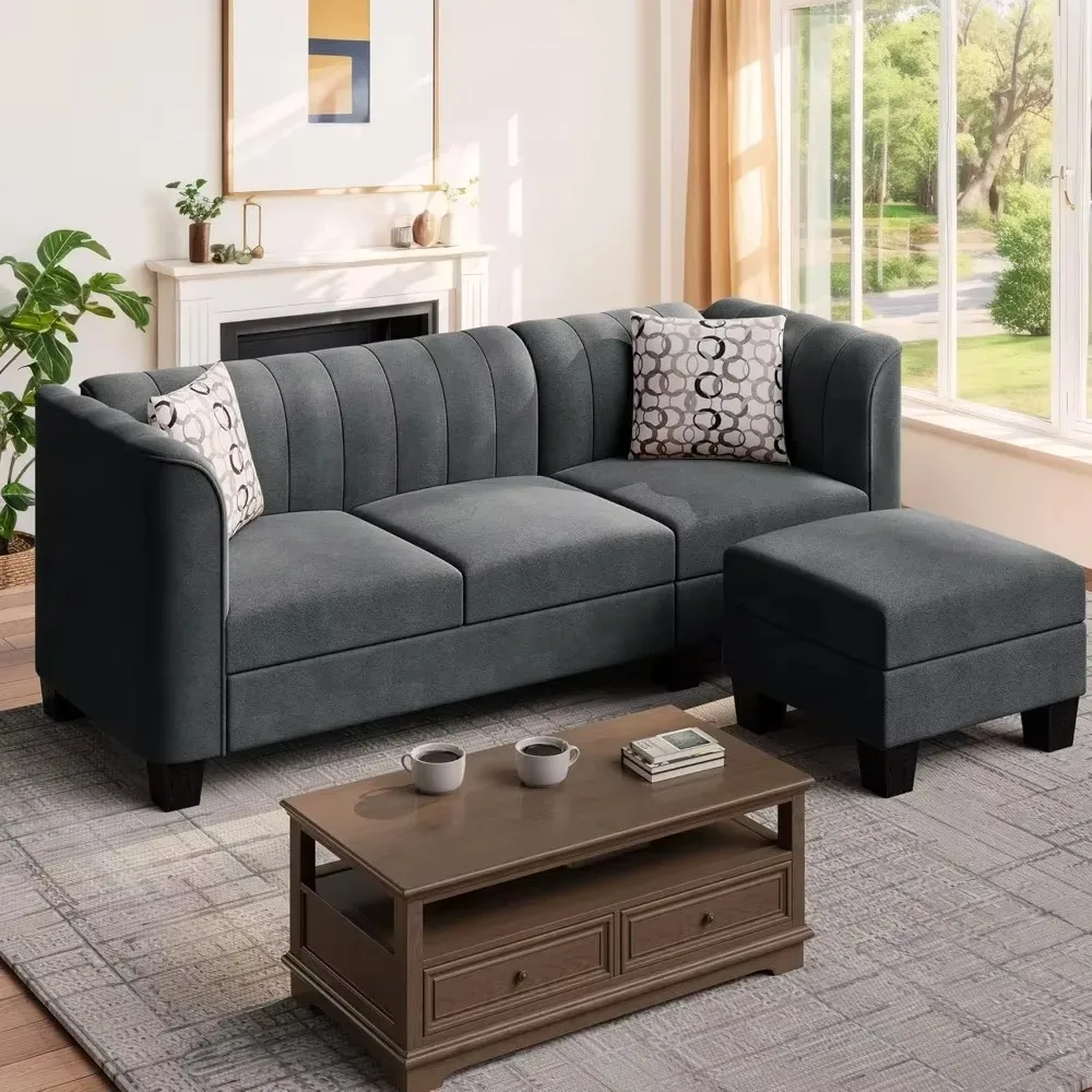 Upgraded convertible segmented sofa, L-shaped, with high armrests and linen small sofa