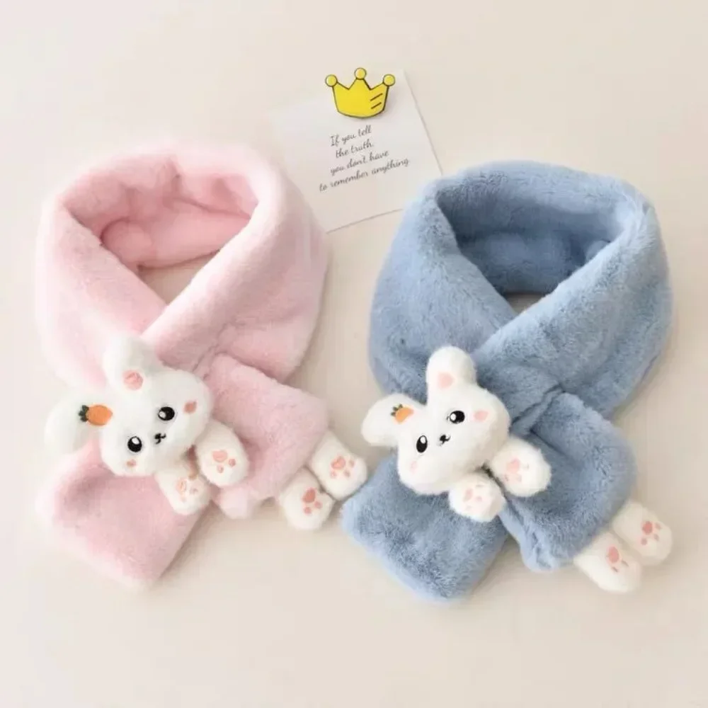 New Boys Girls Winter Scarfs Thick Plush Cross Children\'s Scarf Baby Bib Cute Cartoon Rabbit Faux Fur Neck Protection Warm Shawl