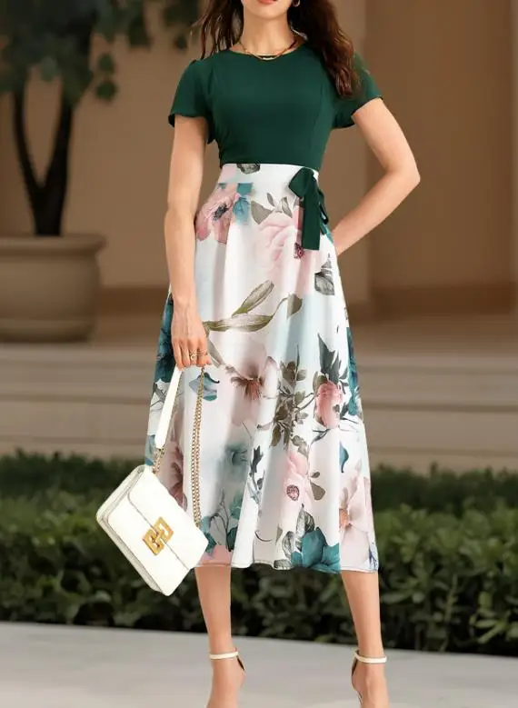 

Summer Flower Print Patchwork Round Neck Slim Fit Lace Up Decoration Short Sleeved Dress for Women's Casual Elegant Dress