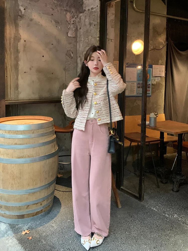 

Джинсы женские Chen DaYu с высокой талией, розовые, свободные, прямые, длинные брюки, осень 2024, новинка, с эффектом похудения