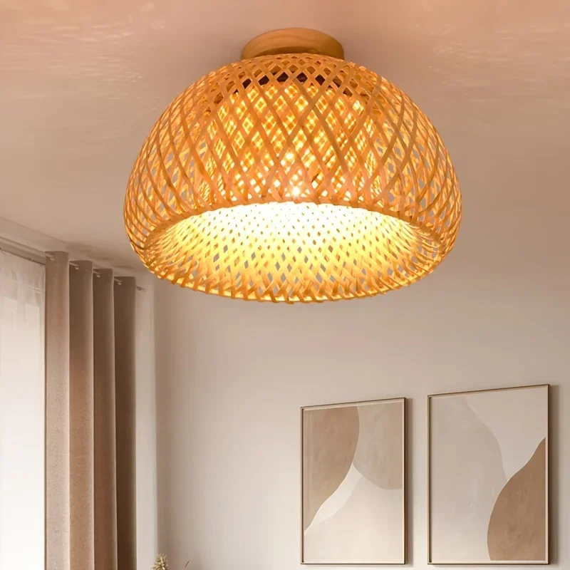 Handgewebte Bambus Rattan E27 Glühbirne Deckenleuchte Holz Beleuchtungskörper Schlafzimmer Keine