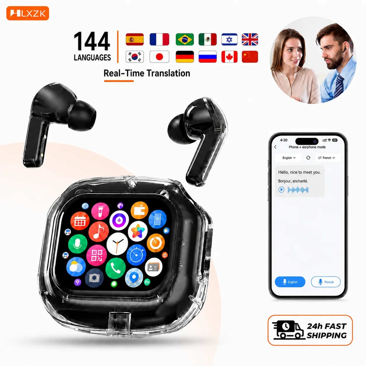 HLXZK 01 Bluetooth 5.4 Earphones AI Translator Earbuds OWS LCD Touch Screen Sport Wireless Headphones HD Stereo Sound Longlife