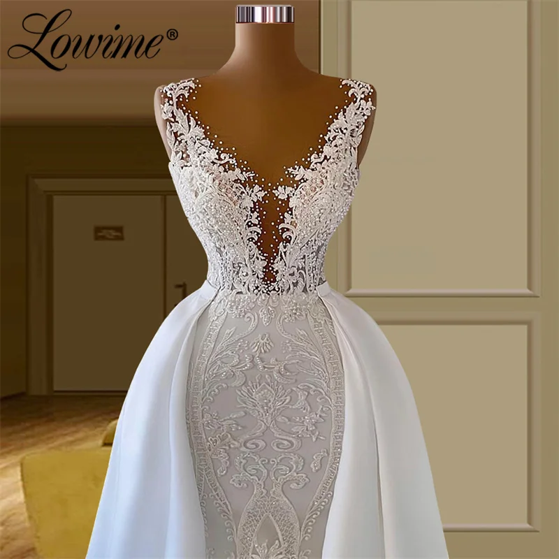 Lowime laço vestido de casamento duas peças frisado pérolas longos vestidos de noiva com saia destacável 2022 marfim branco vestidos de noiva