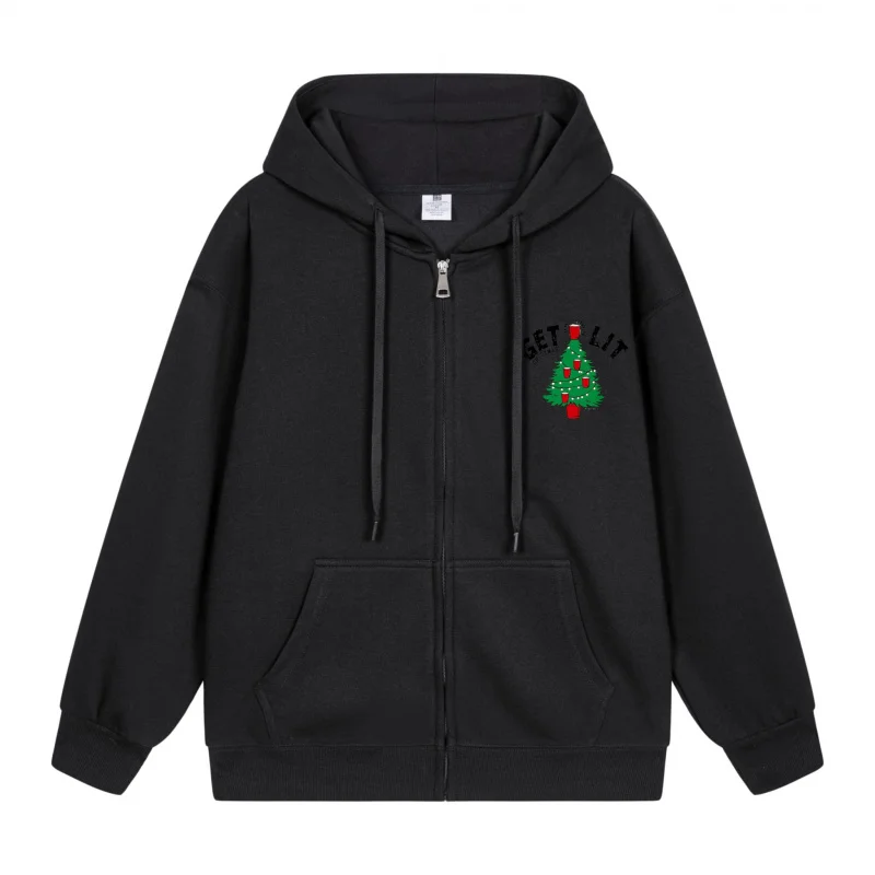 

Men's Zip-Up Hoodie Black Hoodie Black Hoodie With Green Christmas Tree Print Design Christmas in 2025 Festive Print