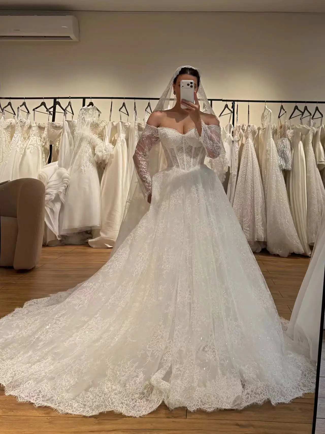 Lace Off the Shoulder Long Sleeve Wedding Dresses for Bride 2027 Illusion Corset A Line Bridal Gowns Customzied