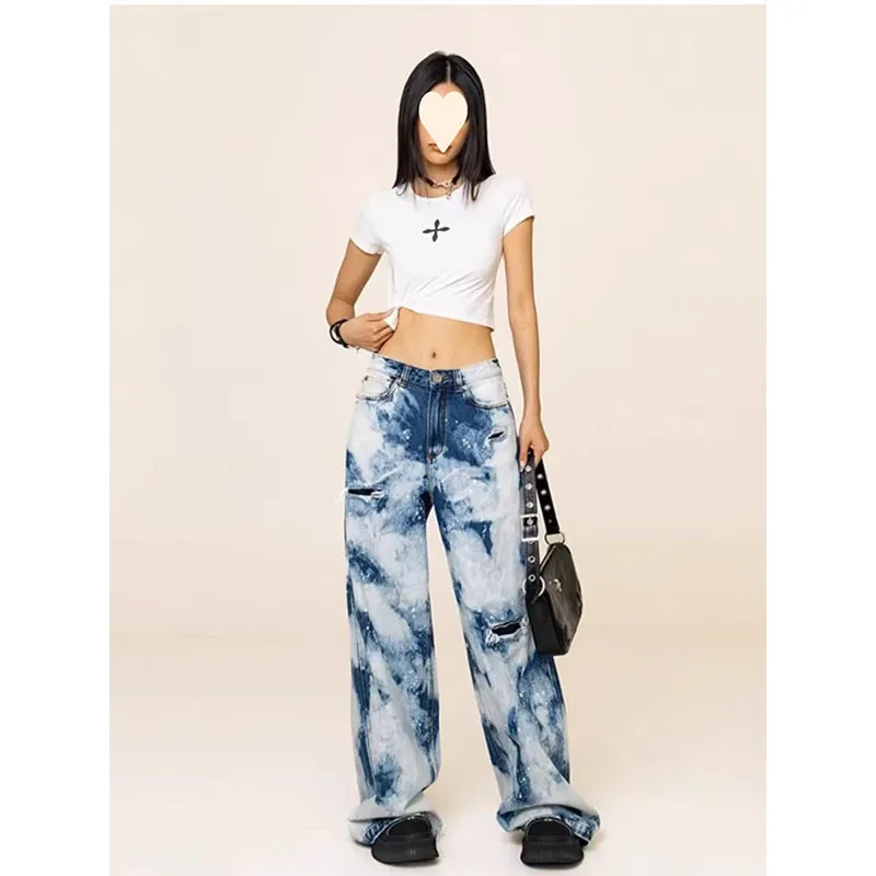 EuropeanAmerican Camouflage Design Sense Gradual Wide-Leg Jeans Spilled With Ink And Holes Straight Wide-leg Casual Jeans Female