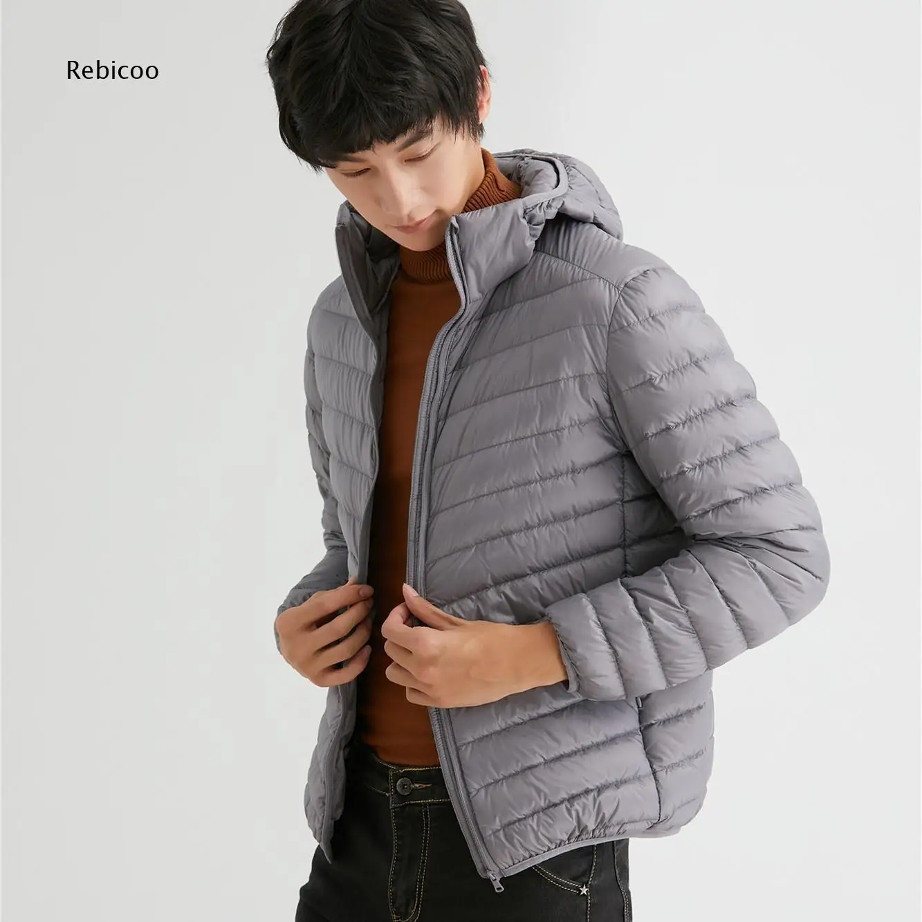 Mens Portable Light Puffer Outerwear With Hood Full Zip Smooth Fabric For Multi Scene Office Daily Matching In Cold Weather