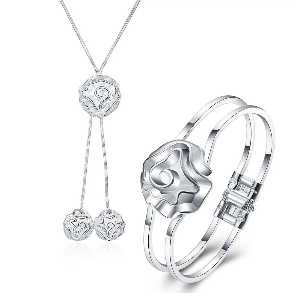 

New 925 Sterling Silver Rose Flower Necklaces Bangles For Women High Quality Jewelry Set Fashion Party Wedding Christmas Gifts