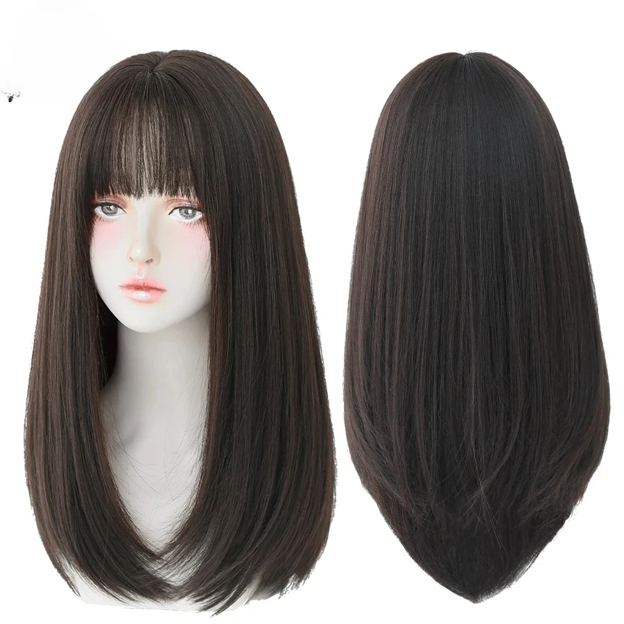 

Длинные прямые волосы с челкой, синтетические парики для девочек, последние модные прически, черные волосы, парик цвета имбиря.