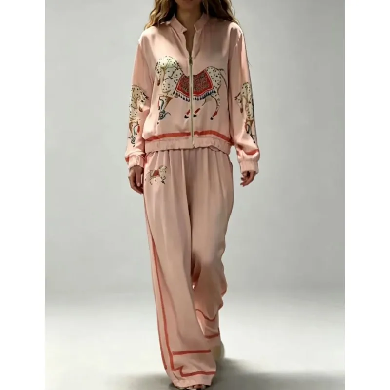 Y2k Fashion Women's Loose Coat With Wide Leg Pants Suit Autumn Foreign Style Print Cardigan Coats Two Piece Set Lady StreetWear