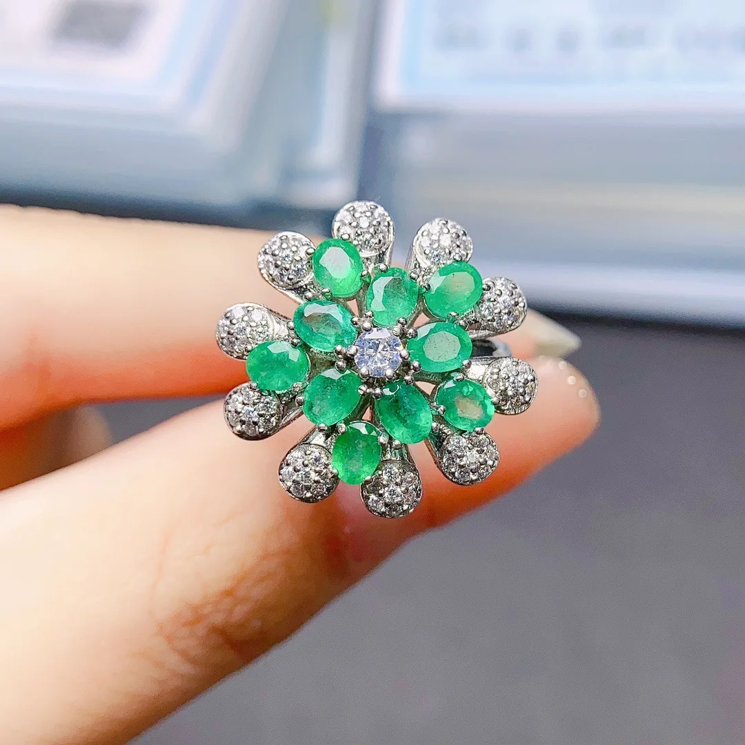 Natural Emerald Ring, S925 Silver Setting 3x3mm Main Stone Adjustable, Luxury Gemstone Jewelry Gift for Women