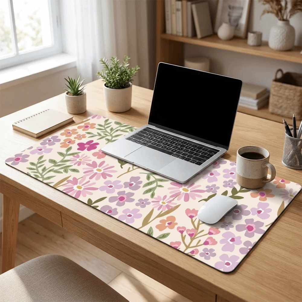 Stain-resistant Large Floral Desk Pad Rubber Base Stitched Edge Gaming Mats Flower Pattern Non-Slip Computer Mat Home